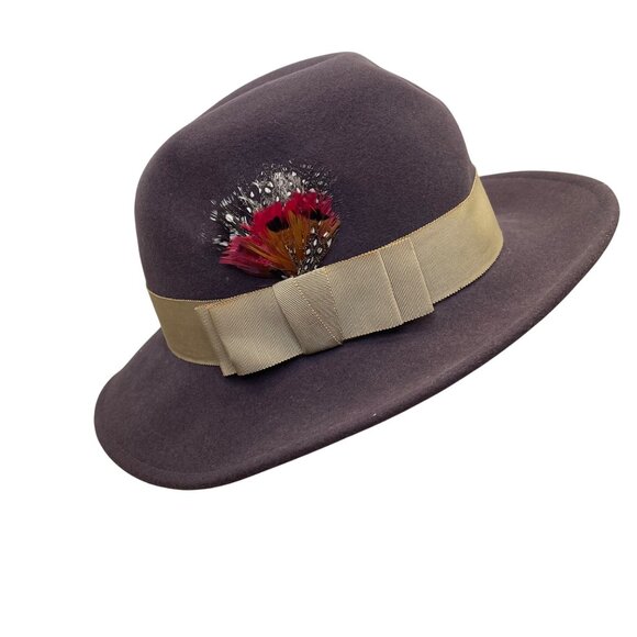 Adolfo Realites Purple Wool Fedora Hat With Beige Ribbon Bow Feather Accent - Picture 2 of 12